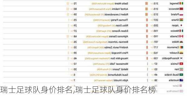 瑞士足球队身价排名,瑞士足球队身价排名榜