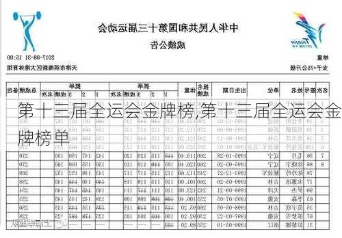 第十三届全运会金牌榜,第十三届全运会金牌榜单