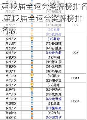 第12届全运会奖牌榜排名,第12届全运会奖牌榜排名表